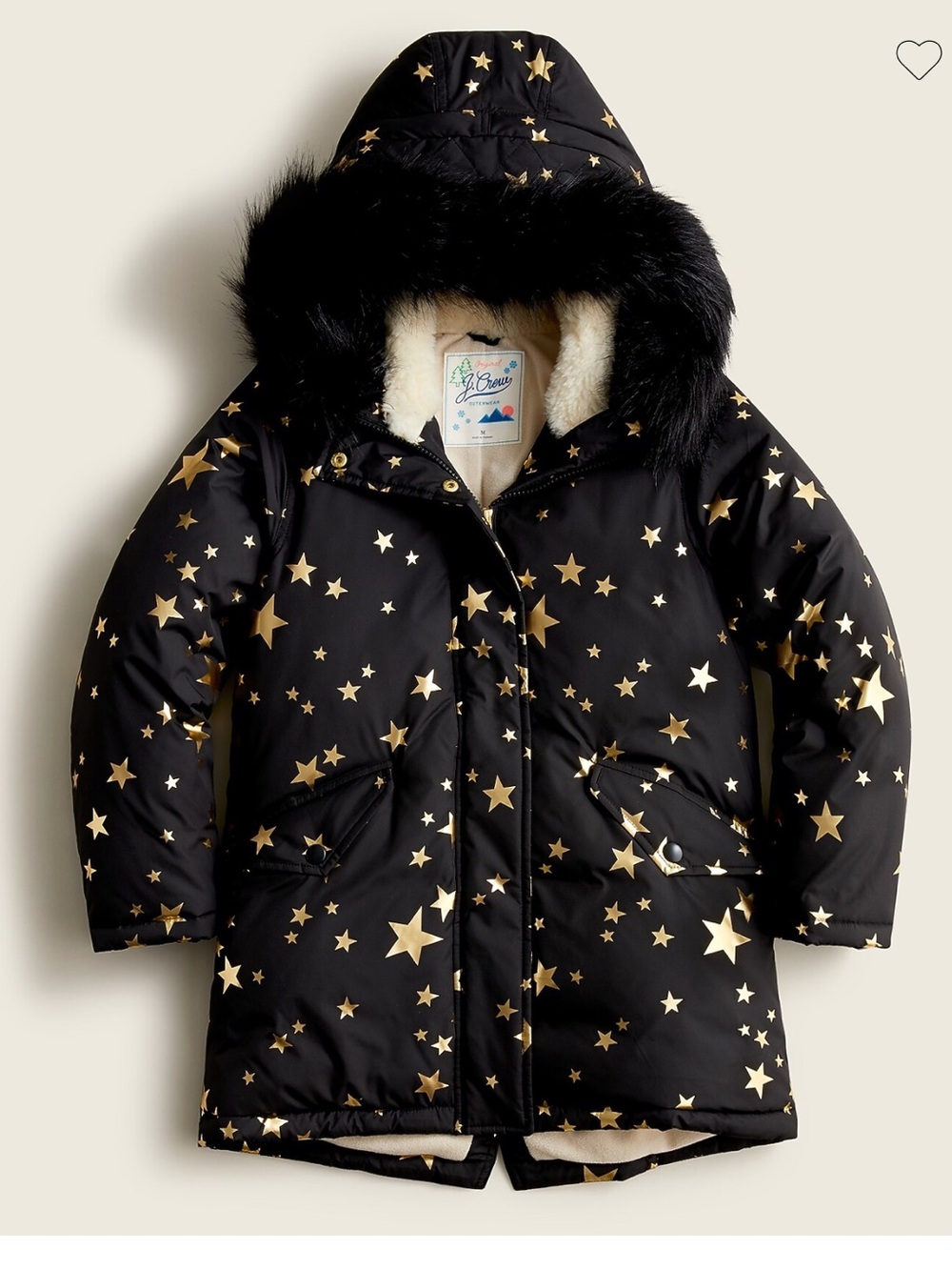 J. Crew Black Hooded Puffer Coat with Gold Star Print Faux Fur Removable Size S
